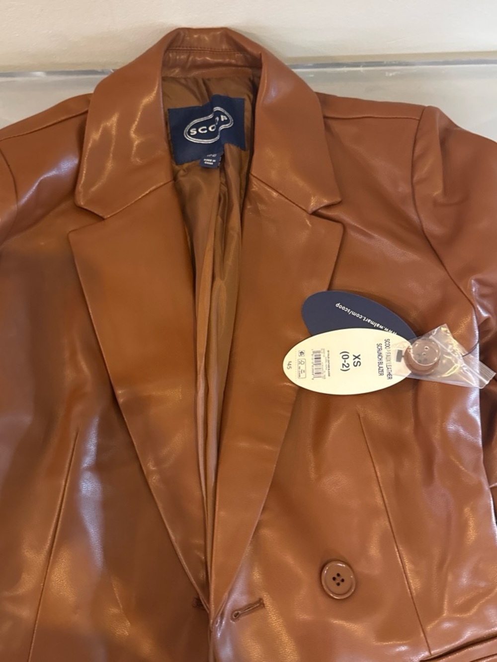 Scoop faux leather tan suit - blazer and skirt.